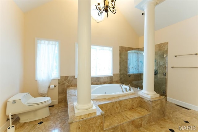 1025 Cobblestone Dr, Rolla, MO 65401 - bathroom featuring decorative columns, toilet, a garden tub, tiled shower, and baseboards