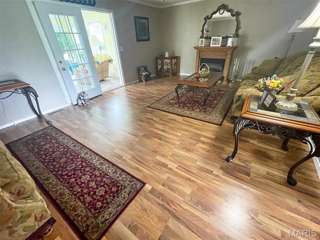 11652 Two Mile Rd, Dexter, MO 63841 - living area with crown molding, wood finished floors, and a glass covered fireplace