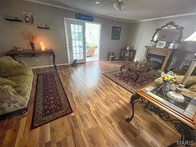 11652 Two Mile Rd, Dexter, MO 63841 - living area featuring wood finished floors, ornamental molding, a glass covered fireplace, and ceiling fan