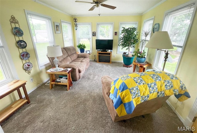11652 Two Mile Rd, Dexter, MO 63841 - living room with carpet flooring, crown molding, and a ceiling fan