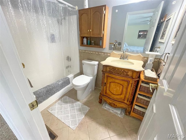 11652 Two Mile Rd, Dexter, MO 63841 - bathroom with tile patterned flooring, vanity, shower / tub combo with curtain, and tile walls