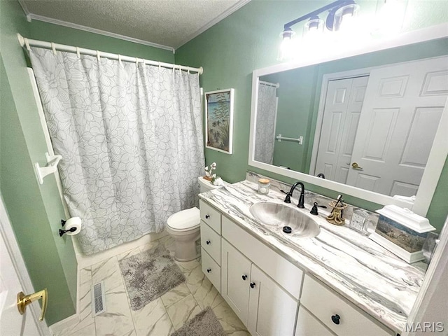 11652 Two Mile Rd, Dexter, MO 63841 - bathroom featuring vanity, ornamental molding, marble look tile flooring, a textured ceiling, and shower / bath combination with curtain