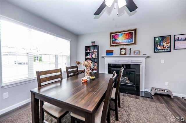 dining room with dark wood-style floors, baseboards, ceiling fan, and a glass covered fireplace