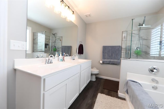 bathroom with a shower stall, wood finished floors, double vanity, and toilet