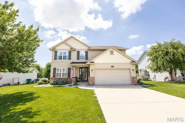 craftsman-style home with a garage, brick siding, a front yard, driveway, and board and batten siding