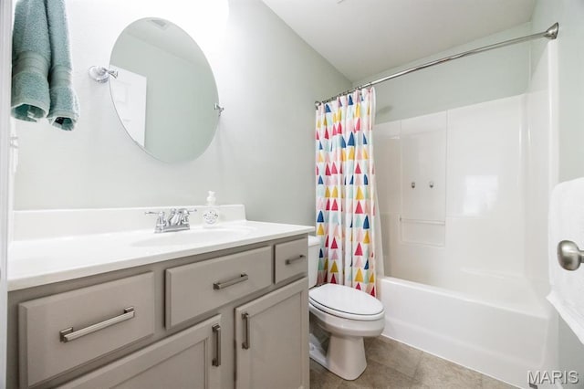 bathroom with toilet, shower / bathtub combination with curtain, vanity, and tile patterned floors