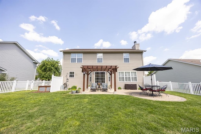 back of house with a pergola, a patio, a chimney, and central AC unit