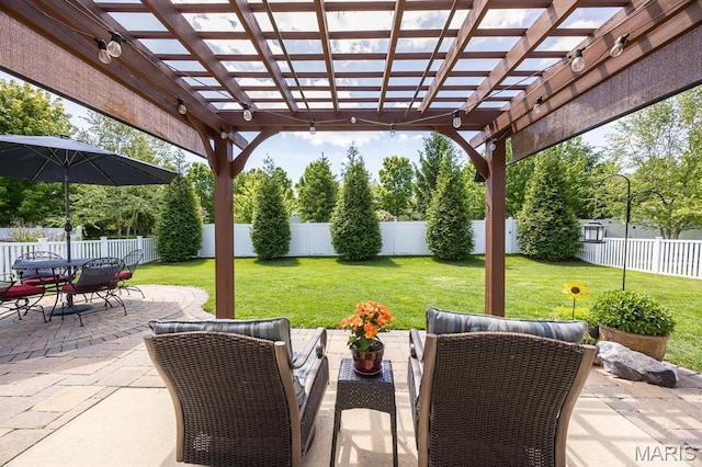 view of patio with a pergola, outdoor dining space, and outdoor lounge area