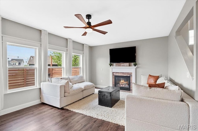 6 Bradley Ct, Troy, IL 62294 - living area with ceiling fan, wood finished floors, a fireplace, and baseboards