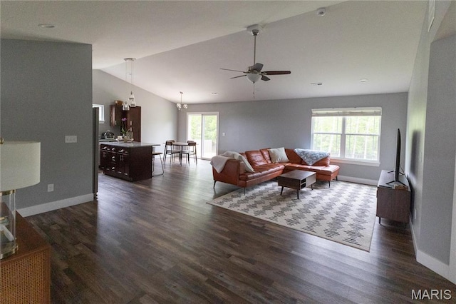 159 Mesa Dr, Waynesville, MO 65583 - living room featuring dark wood-type flooring, a ceiling fan, vaulted ceiling, and baseboards