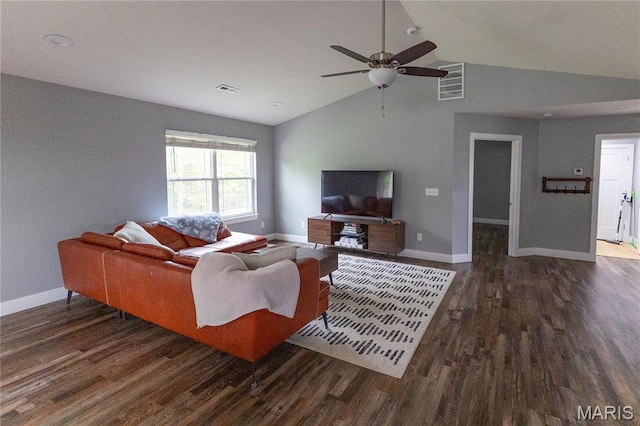 159 Mesa Dr, Waynesville, MO 65583 - living room with vaulted ceiling, wood finished floors, baseboards, and a ceiling fan