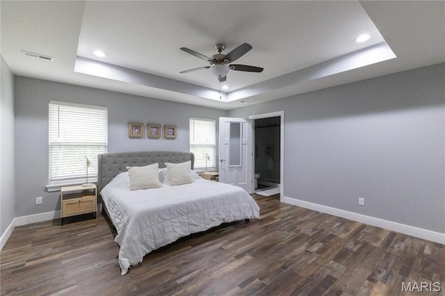 159 Mesa Dr, Waynesville, MO 65583 - bedroom featuring a raised ceiling, baseboards, dark wood finished floors, recessed lighting, and a ceiling fan