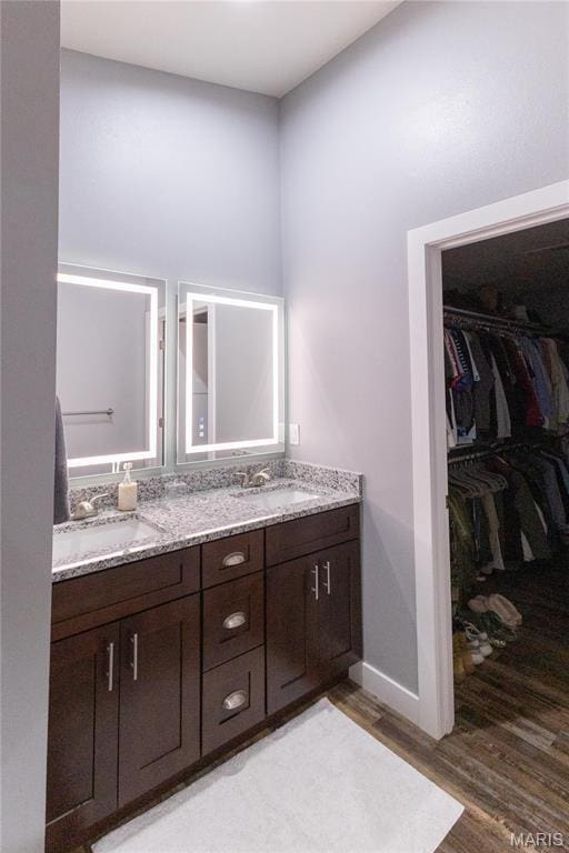 159 Mesa Dr, Waynesville, MO 65583 - full bathroom with wood finished floors, double vanity, a walk in closet, and baseboards