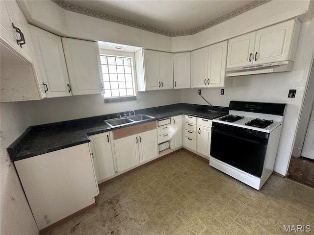 9969 Lark Ave, Saint Louis, MO 63125 - kitchen with white gas stove, under cabinet range hood, white cabinets, and light flooring