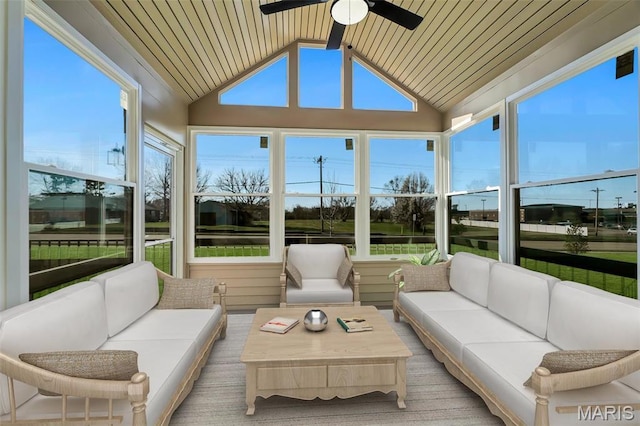116 Dardenne Place Dr, Dardenne Prairie, MO 63368 - sunroom featuring outdoor lounge area, a ceiling fan, lofted ceiling, and plenty of natural light