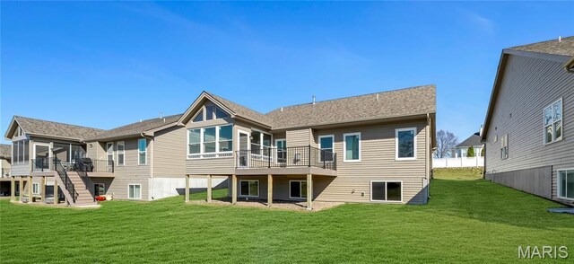 116 Dardenne Place Dr, Dardenne Prairie, MO 63368 - rear view of property with a lawn, a deck, a sunroom, and stairs