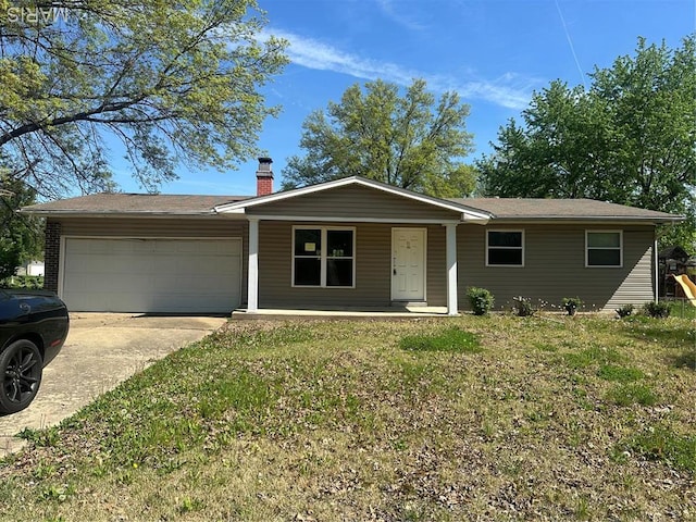 3535 Ridgewood Dr, Saint Charles, MO 63303 - ranch-style house with an attached garage, concrete driveway, a chimney, a porch, and a front lawn