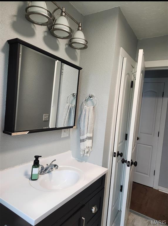 bathroom with vanity, wood finished floors, and a textured wall
