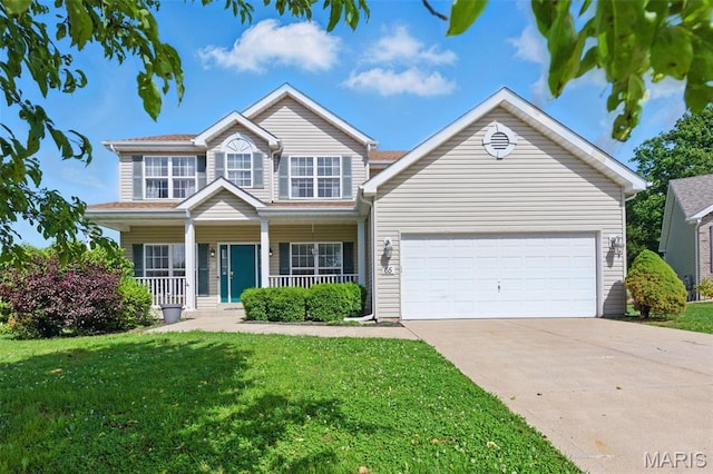65 Snowberry Ridge Ct, Ofallon, MO 63366 - traditional-style house with driveway, an attached garage, covered porch, and a front yard