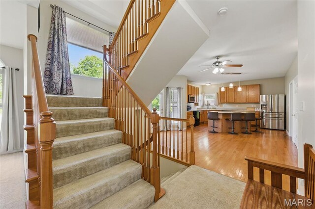 65 Snowberry Ridge Ct, Ofallon, MO 63366 - stairway with wood finished floors and a ceiling fan
