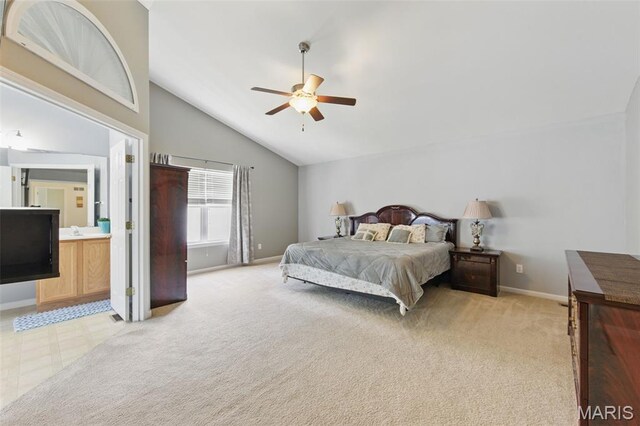 65 Snowberry Ridge Ct, Ofallon, MO 63366 - bedroom with vaulted ceiling, light colored carpet, baseboards, a ceiling fan, and ensuite bath