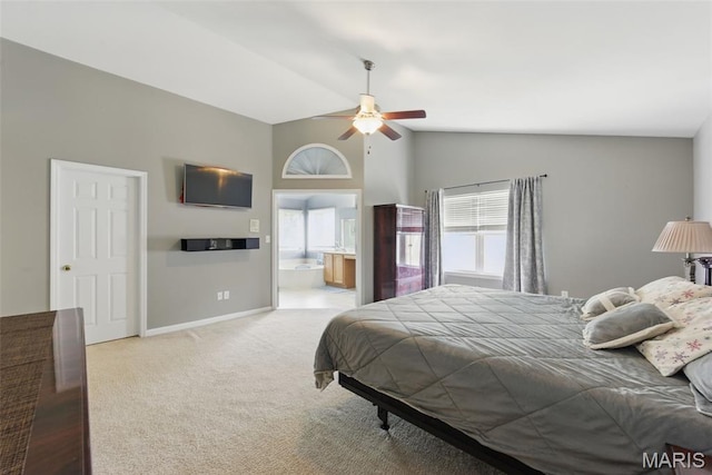 65 Snowberry Ridge Ct, Ofallon, MO 63366 - carpeted bedroom with vaulted ceiling, ensuite bath, baseboards, and ceiling fan
