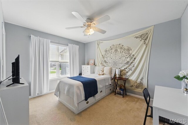 65 Snowberry Ridge Ct, Ofallon, MO 63366 - bedroom featuring light carpet, baseboards, and ceiling fan