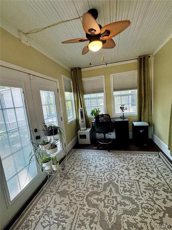 149 N Elizabeth Ave, Saint Louis, MO 63135 - office area with baseboards, a ceiling fan, and wood ceiling
