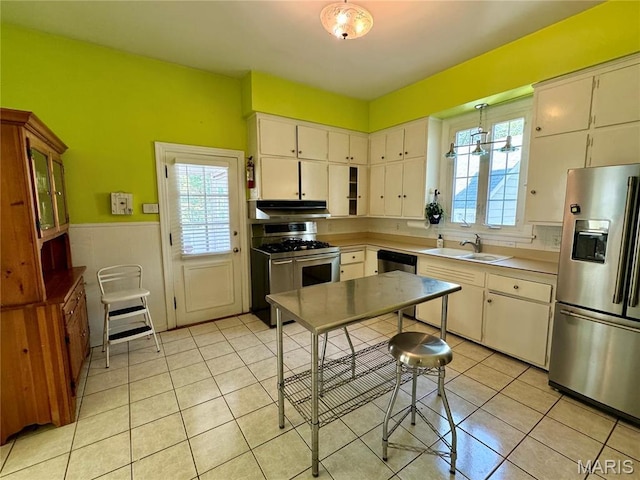 149 N Elizabeth Ave, Saint Louis, MO 63135 - kitchen featuring appliances with stainless steel finishes, under cabinet range hood, a sink, wainscoting, and light tile patterned flooring