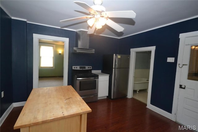 103 N Delaware Ave, Belleville, IL 62221 - kitchen featuring stainless steel appliances, ceiling fan, dark wood-style floors, butcher block countertops, and baseboards