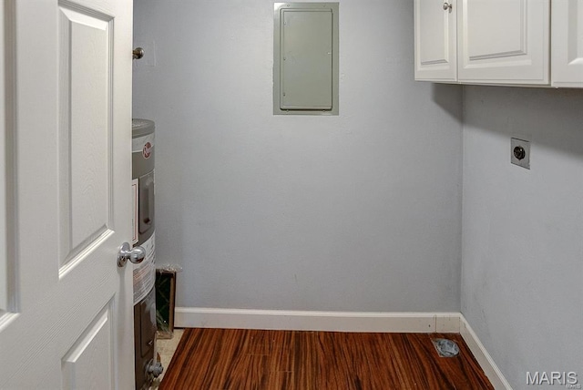 1811 Ramada Blvd Unit 6, Collinsville, IL 62234 - laundry room with cabinet space, electric panel, baseboards, electric dryer hookup, and dark wood finished floors