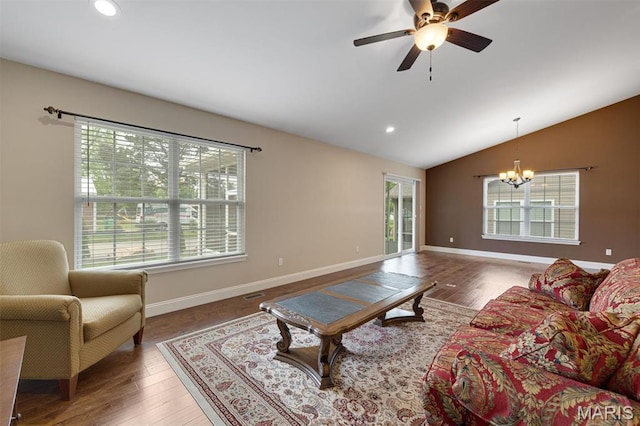433 Cherry Creek Ln, Farmington, MO 63640 - living room featuring a chandelier, lofted ceiling, baseboards, recessed lighting, and a ceiling fan
