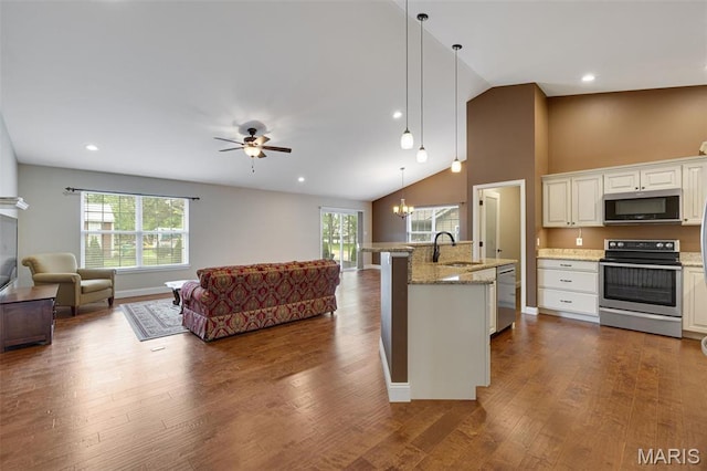 433 Cherry Creek Ln, Farmington, MO 63640 - kitchen featuring stainless steel appliances, open floor plan, a sink, vaulted ceiling, and ceiling fan