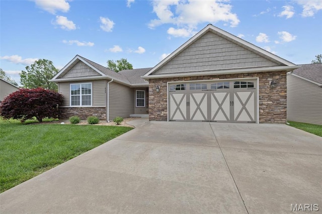 433 Cherry Creek Ln, Farmington, MO 63640 - view of front of house featuring stone siding, driveway, a front yard, and a garage