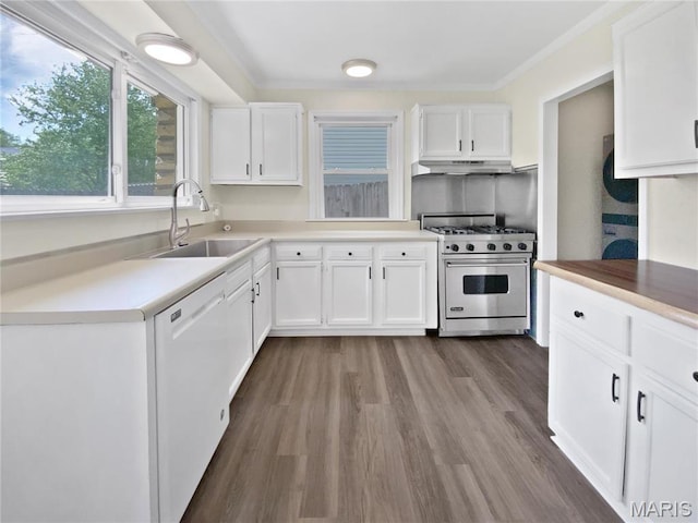 246 Barter Ave, Saint Louis, MO 63122 - kitchen with stainless steel stove, a sink, white dishwasher, white cabinets, and dark wood-style floors