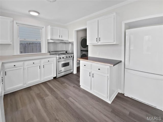 246 Barter Ave, Saint Louis, MO 63122 - kitchen with freestanding refrigerator, high end stainless steel range, stacked washer and clothes dryer, under cabinet range hood, and white cabinets
