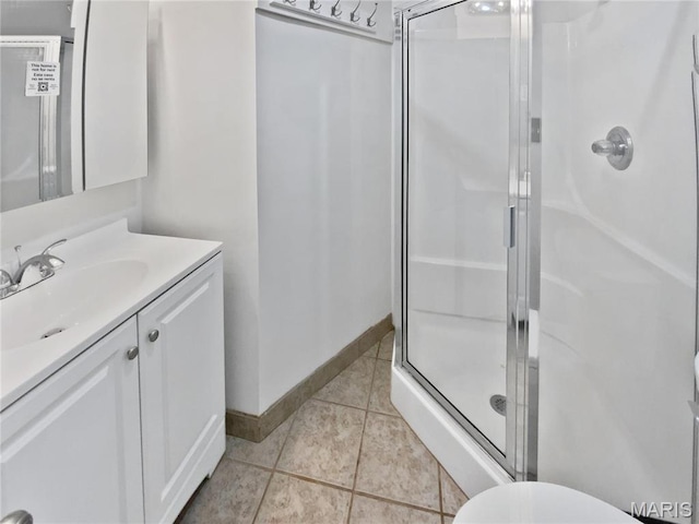 246 Barter Ave, Saint Louis, MO 63122 - bathroom featuring a stall shower, tile patterned floors, vanity, and baseboards