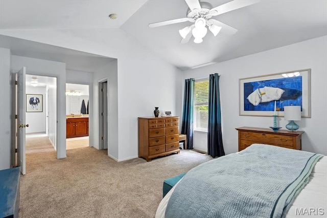 17282 Hilltop Ridge Dr, Eureka, MO 63025 - bedroom featuring lofted ceiling, light carpet, a ceiling fan, baseboards, and ensuite bath