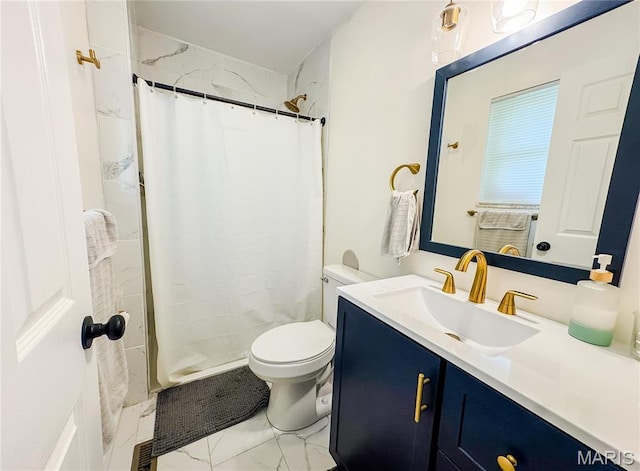 504 Leawood Dr, Swansea, IL 62226 - full bathroom featuring marble look tiles, toilet, vanity, and a shower with curtain