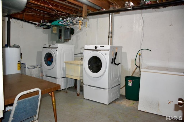 258 Hideaway Trl, Eureka, MO 63025 - laundry room featuring washer and clothes dryer, water heater, and electric panel