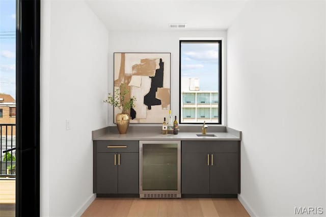 215 N Sarah St Unit 12, Saint Louis, MO 63108 - indoor wet bar with wine cooler, baseboards, and light wood-style floors