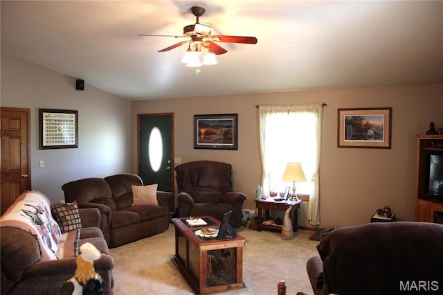 16255 Monroe Rd Unit 875, Paris, MO 65275 - living room featuring ceiling fan, lofted ceiling, and light carpet