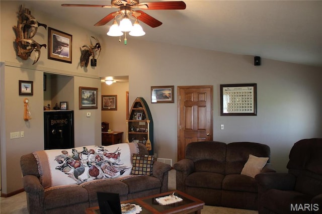 16255 Monroe Rd Unit 875, Paris, MO 65275 - living room featuring ceiling fan, lofted ceiling, and carpet flooring