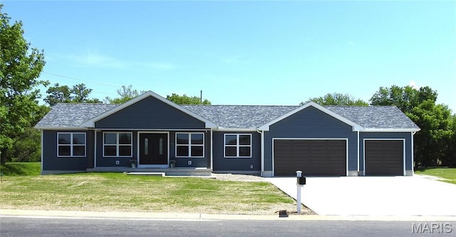 201 S Ashbrook, Bethalto, IL 62010 - ranch-style home featuring a garage, a front yard, concrete driveway, and a shingled roof