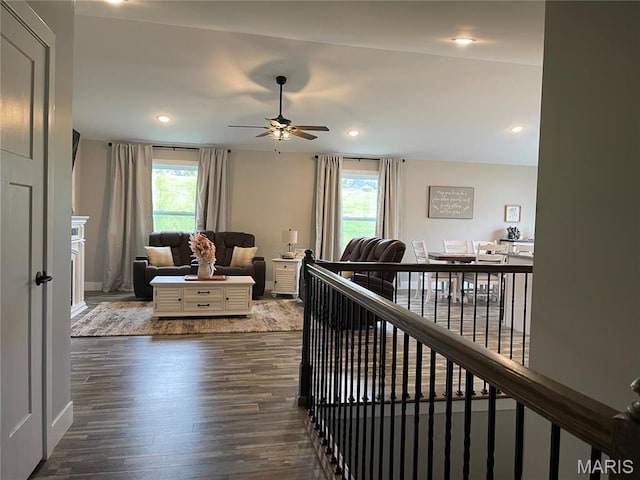 210 Boardwalk Ct, Union, MO 63084 - living room with plenty of natural light, a ceiling fan, dark wood finished floors, and recessed lighting