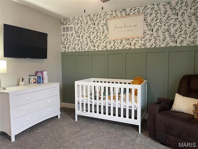 210 Boardwalk Ct, Union, MO 63084 - bedroom featuring wallpapered walls, a decorative wall, a wainscoted wall, carpet, and a crib