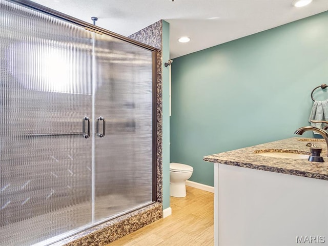 10804 Campbell Rd, Coulterville, IL 62237 - bathroom with wood finished floors, a shower stall, toilet, and vanity