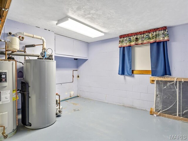 10804 Campbell Rd, Coulterville, IL 62237 - finished below grade area featuring gas water heater, water heater, concrete block wall, and a textured ceiling