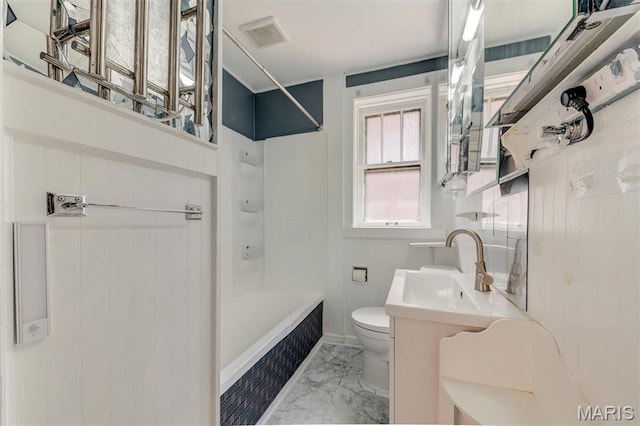bathroom with marble finish flooring, toilet, shower / bath combination, and vanity