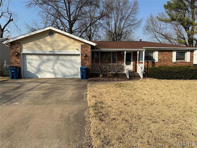 1451 Farmview Ave, Saint Louis, MO 63138 - ranch-style home featuring a porch, brick siding, and a garage